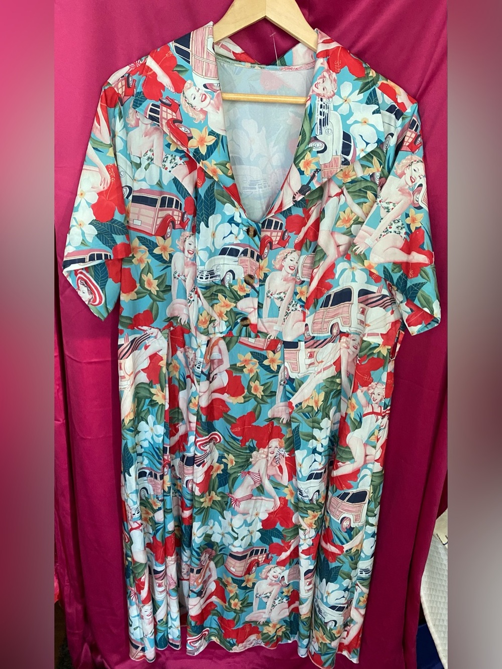 Pin-Up Print Short Sleeve Shirt Dress